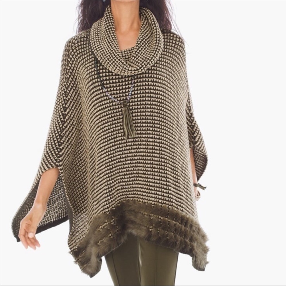 Chico’s Josephine Faux-Fur Trim Poncho and Necklace